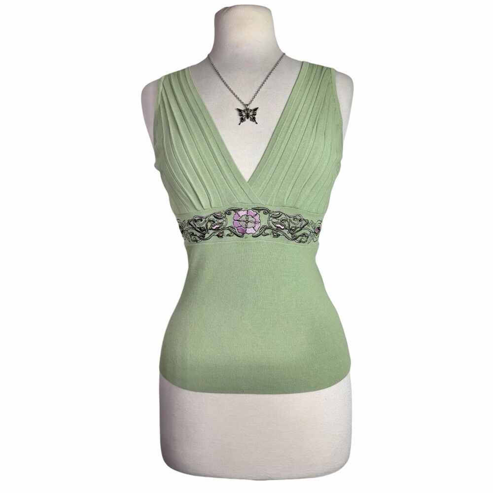 Y2K Sage Green Ribbed Knit Top Floral Embroidered Boho Fairycore Tank Top Small